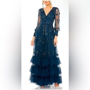 NWT Mac Duggal Mesh Long Sleeve V-Neck Tiered A Line Gown Size 16 Navy Twilight